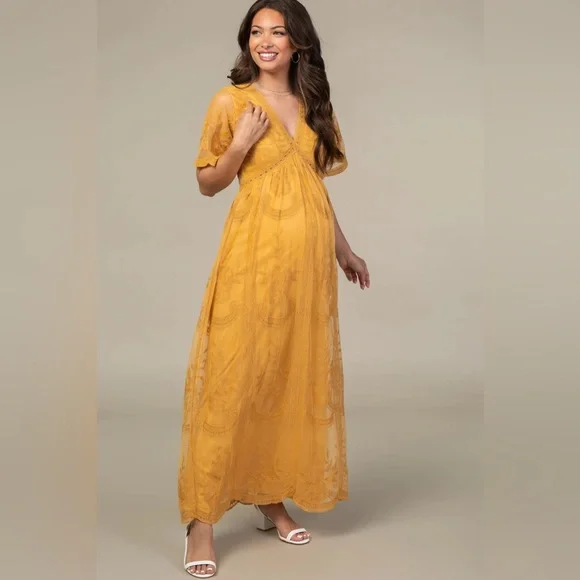 PinkBlush Mustard Lace Overlay Maternity Maxi Dress Boho Women Size Medium - Picture 1 of 11
